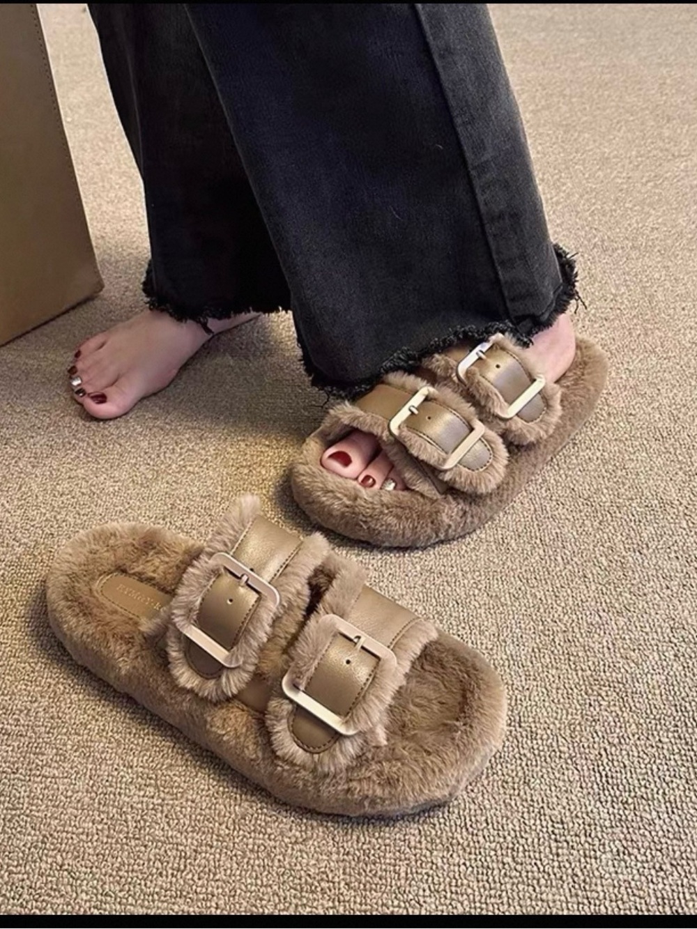 Plush Double-Buckle Fur Slide Sandals -